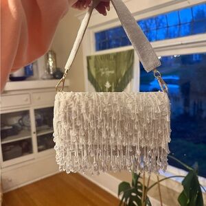 Elegant White Beaded Fringe Clutch